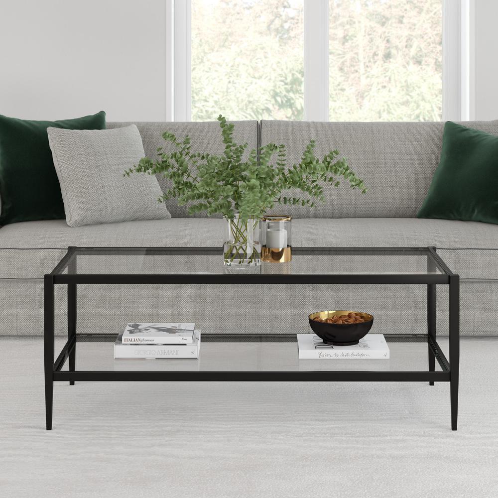45" Black Glass And Steel Coffee Table With Shelf. Picture 6
