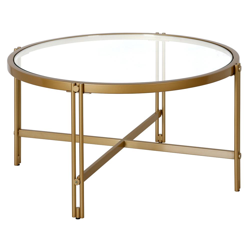 32" Gold Glass And Steel Round Coffee Table. Picture 1