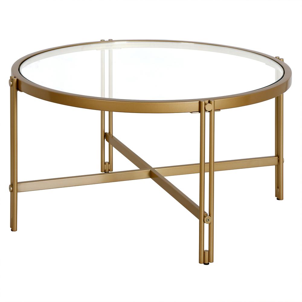 32" Gold Glass And Steel Round Coffee Table. Picture 3