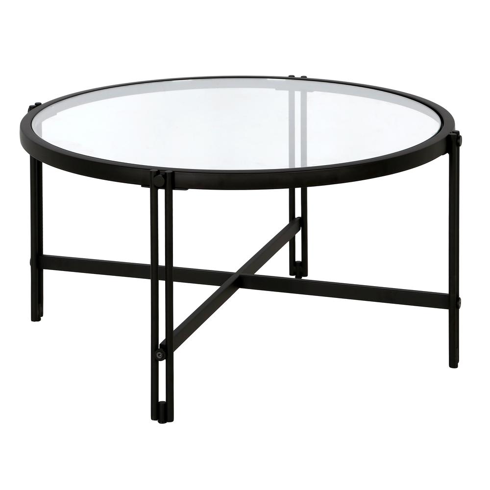 32" Black Glass And Steel Round Coffee Table. Picture 1