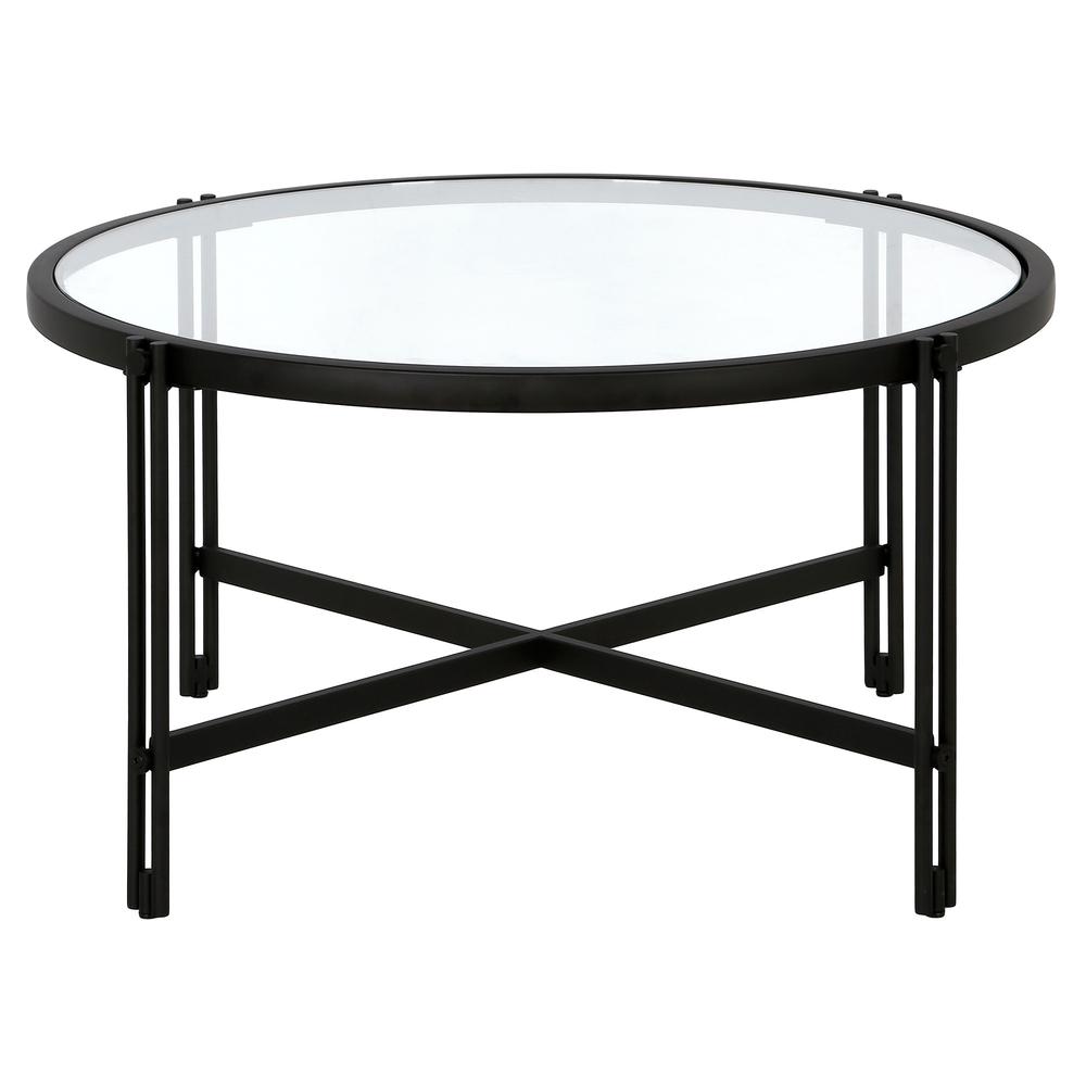 32" Black Glass And Steel Round Coffee Table. Picture 4