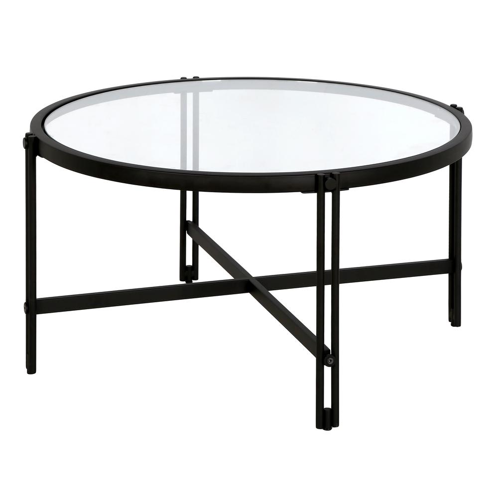 32" Black Glass And Steel Round Coffee Table. Picture 5