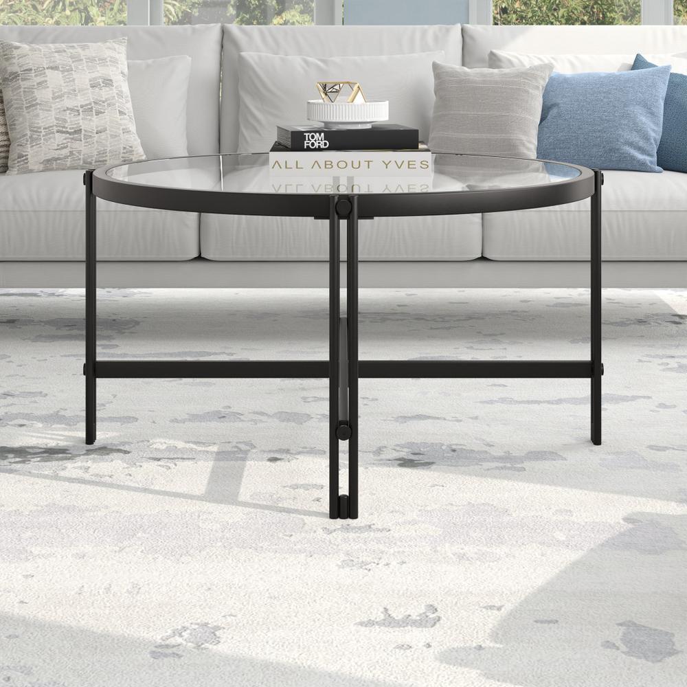 32" Black Glass And Steel Round Coffee Table. Picture 7
