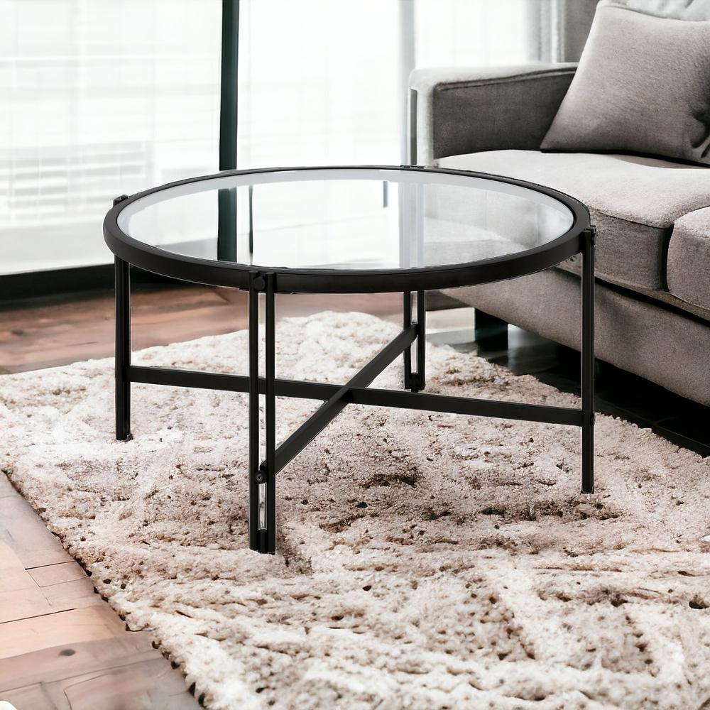 32" Black Glass And Steel Round Coffee Table. Picture 2