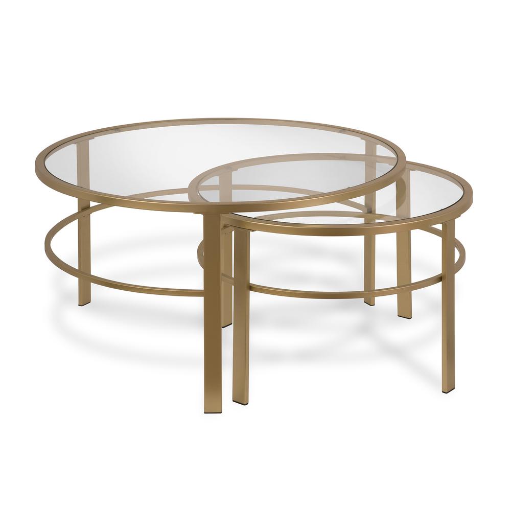 Set of Two 36" Gold Glass And Steel Round Nested Coffee Tables. Picture 1