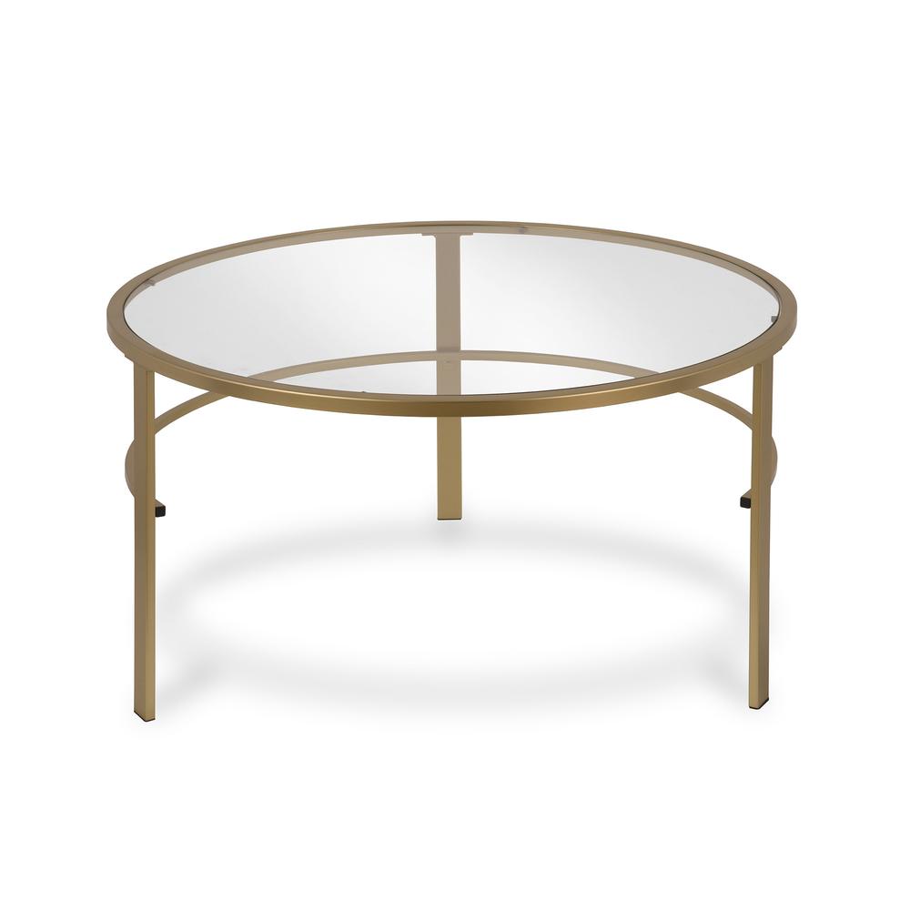 Set of Two 36" Gold Glass And Steel Round Nested Coffee Tables. Picture 5