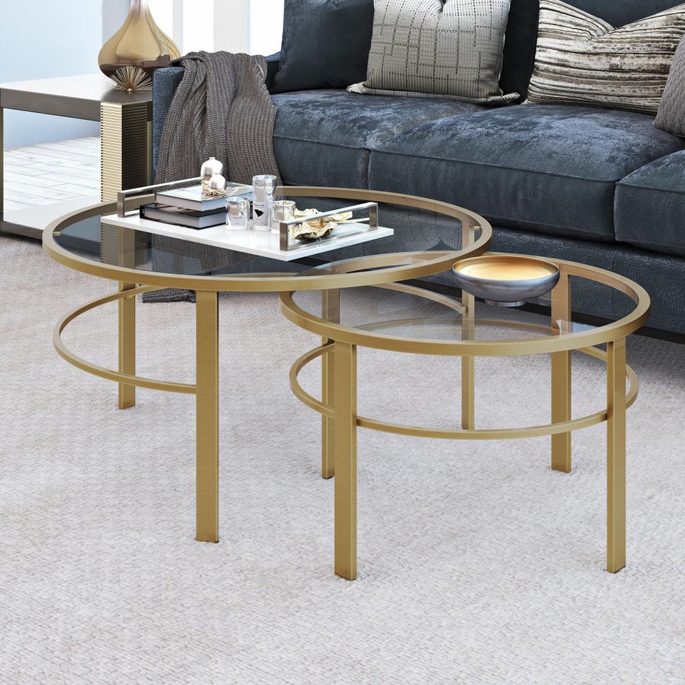 Set of Two 36" Gold Glass And Steel Round Nested Coffee Tables. Picture 6