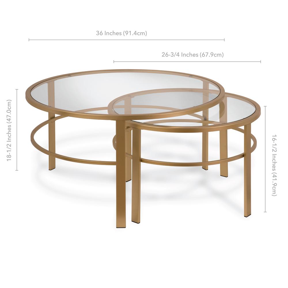 Set of Two 36" Gold Glass And Steel Round Nested Coffee Tables. Picture 9