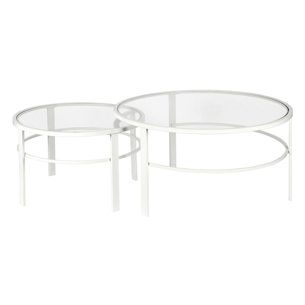 Set of Two 36" White Glass And Steel Round Nested Coffee Tables. Picture 1