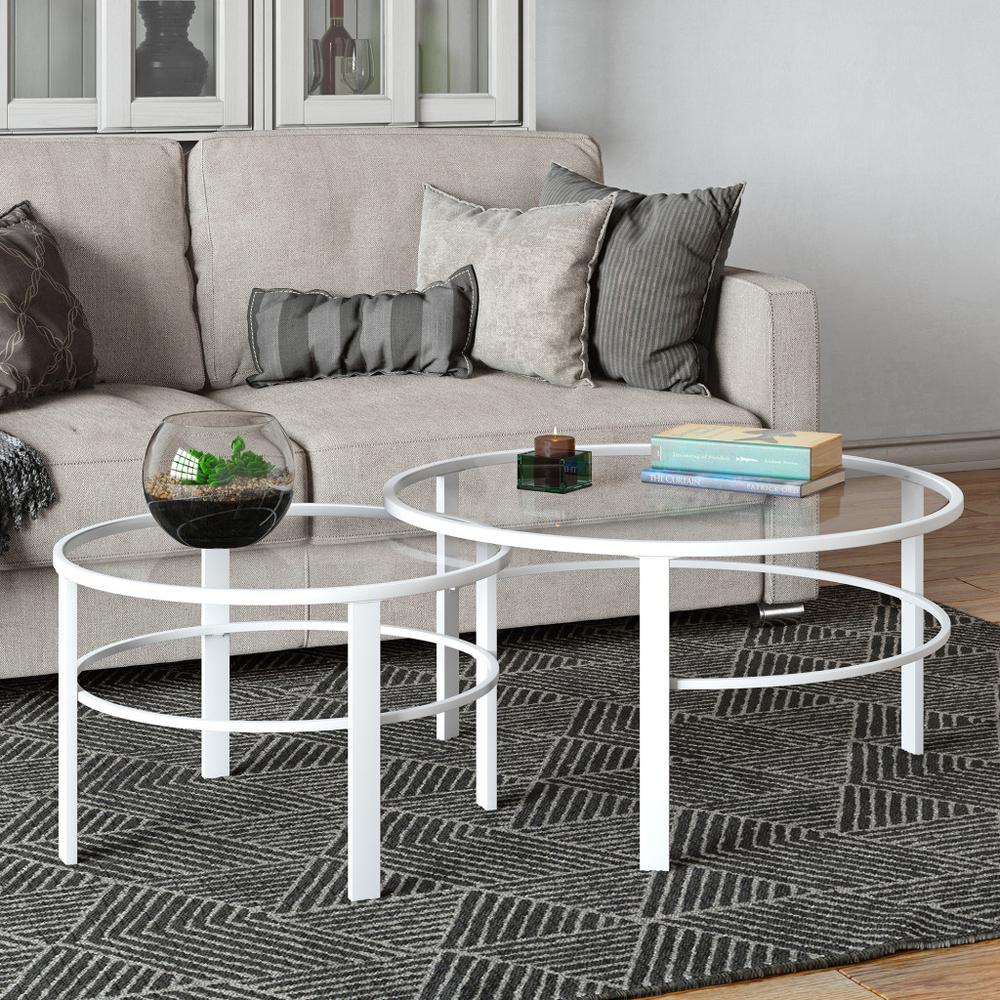 Set of Two 36" White Glass And Steel Round Nested Coffee Tables. Picture 4