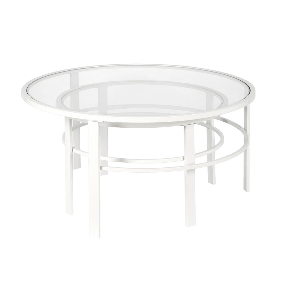 Set of Two 36" White Glass And Steel Round Nested Coffee Tables. Picture 2