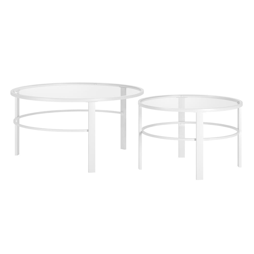 Set of Two 36" White Glass And Steel Round Nested Coffee Tables. Picture 3