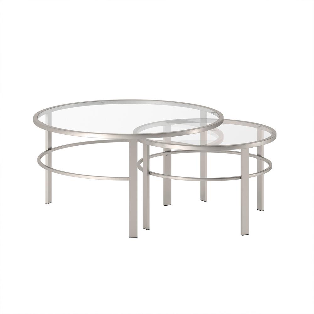 Set of Two 36" Silver Glass And Steel Round Nested Coffee Tables. Picture 1