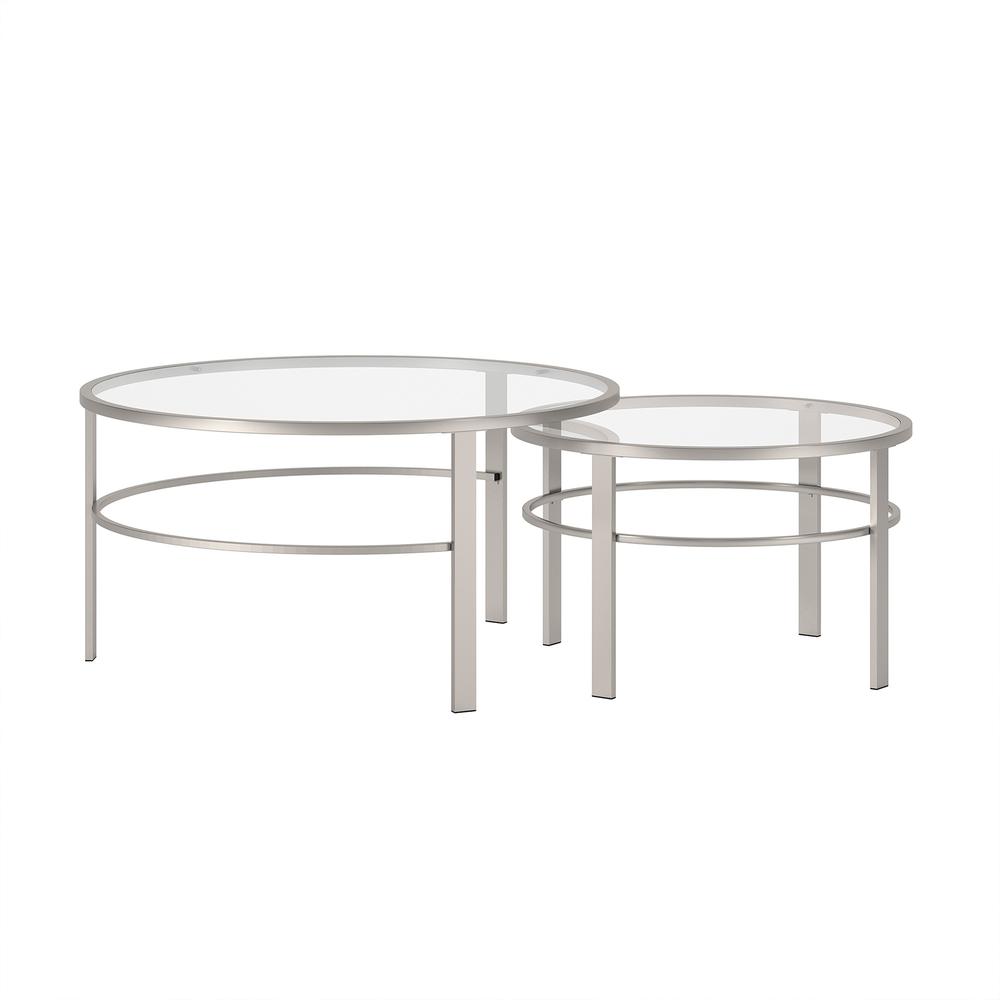 Set of Two 36" Silver Glass And Steel Round Nested Coffee Tables. Picture 3