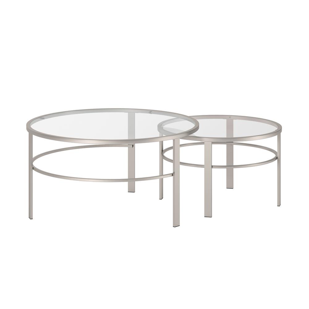 Set of Two 36" Silver Glass And Steel Round Nested Coffee Tables. Picture 4