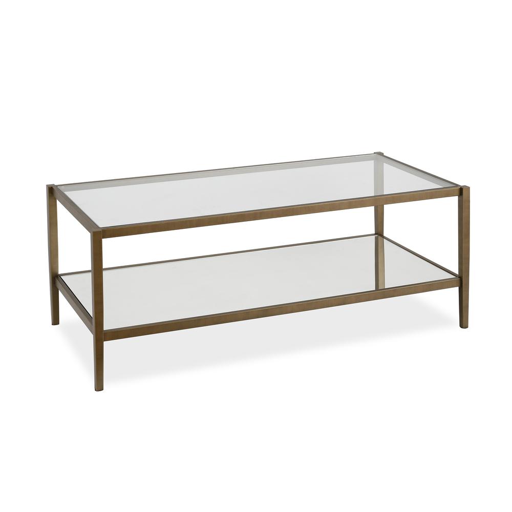 45" Gold Glass And Steel Coffee Table With Shelf. Picture 1