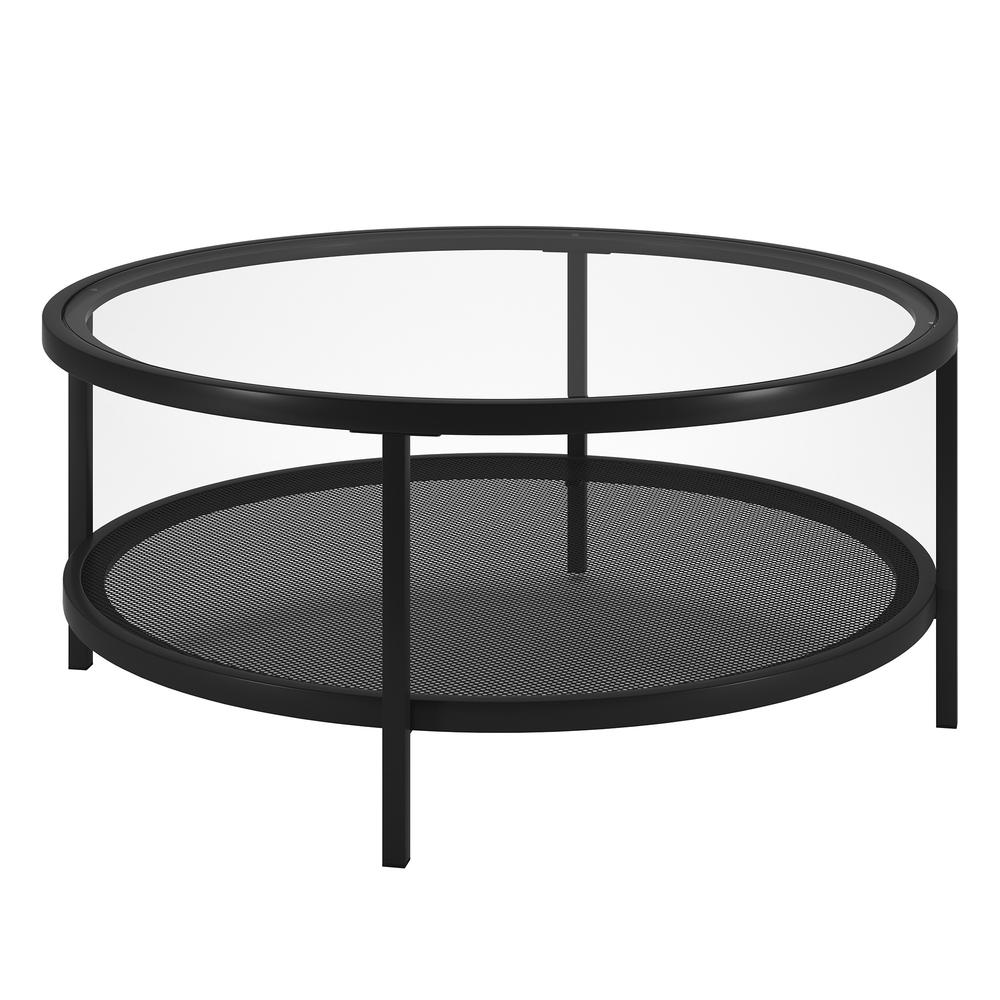 36" Black Glass And Steel Round Coffee Table With Shelf. Picture 2