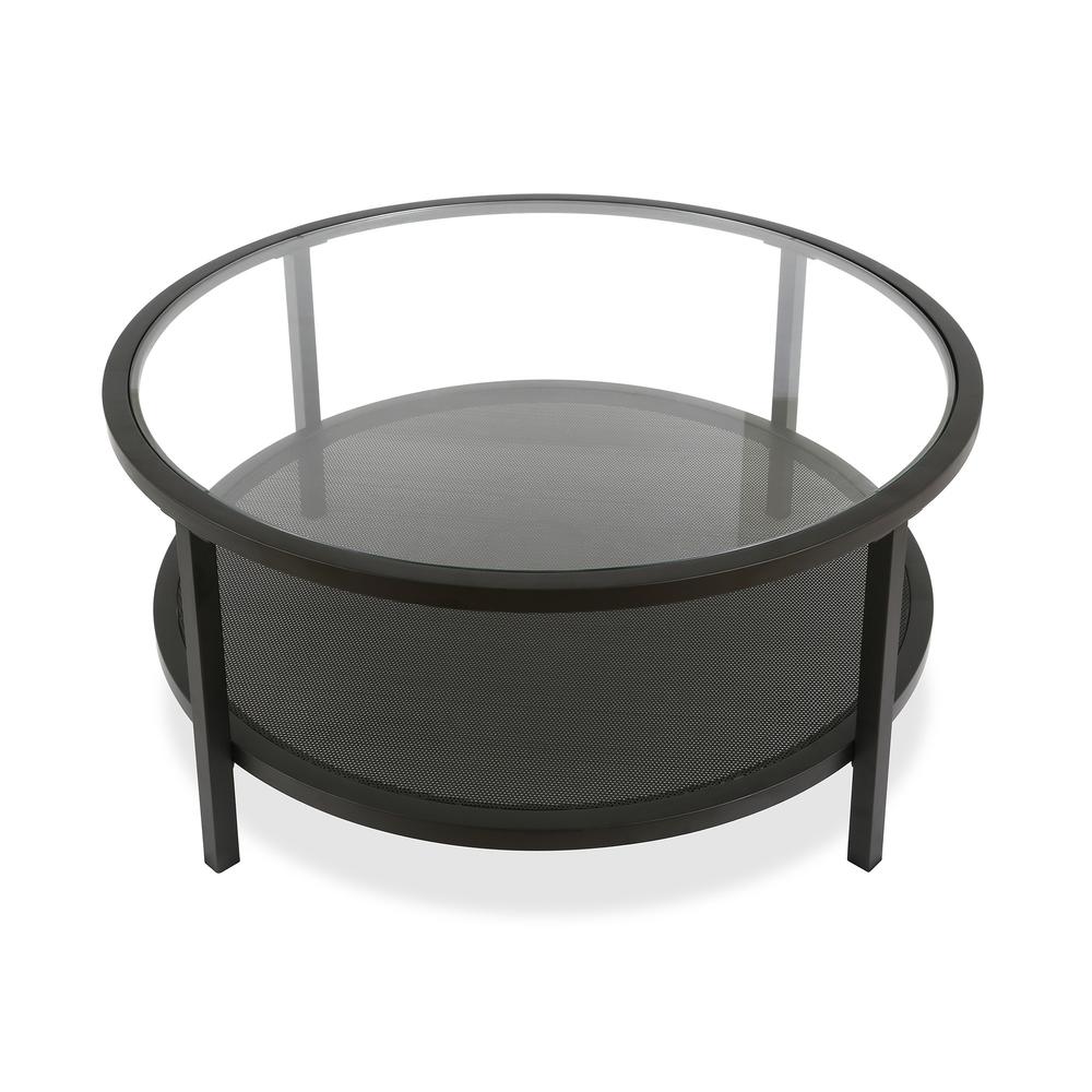 36" Black Glass And Steel Round Coffee Table With Shelf. Picture 3
