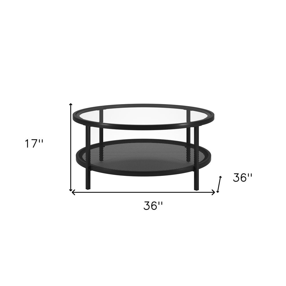 36" Black Glass And Steel Round Coffee Table With Shelf. Picture 6