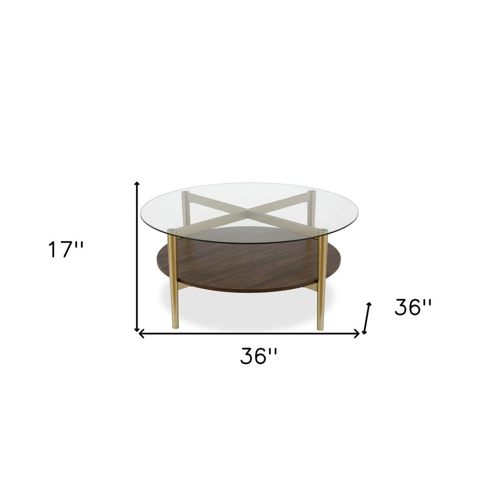 36" Gold Glass And Steel Round Coffee Table With Shelf. Picture 7