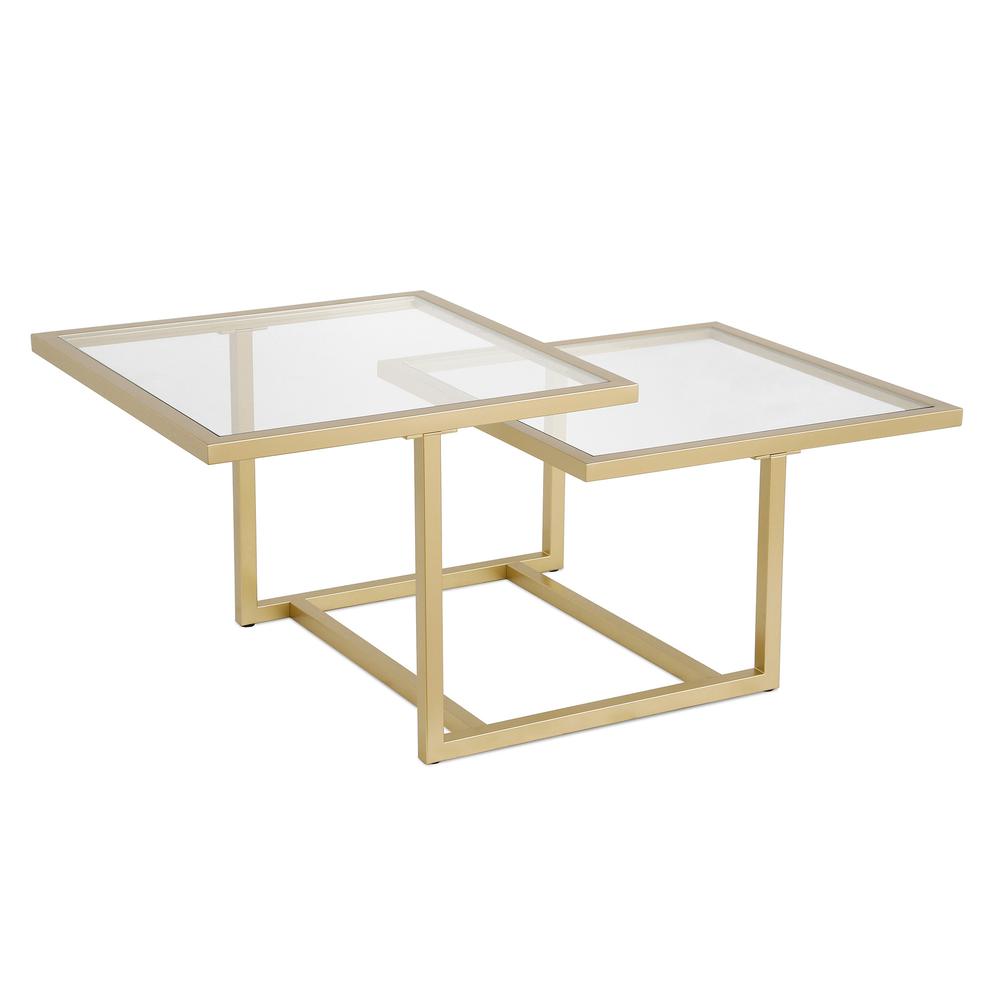 43" Gold Glass And Steel Square Coffee Table With Two Shelves. Picture 1