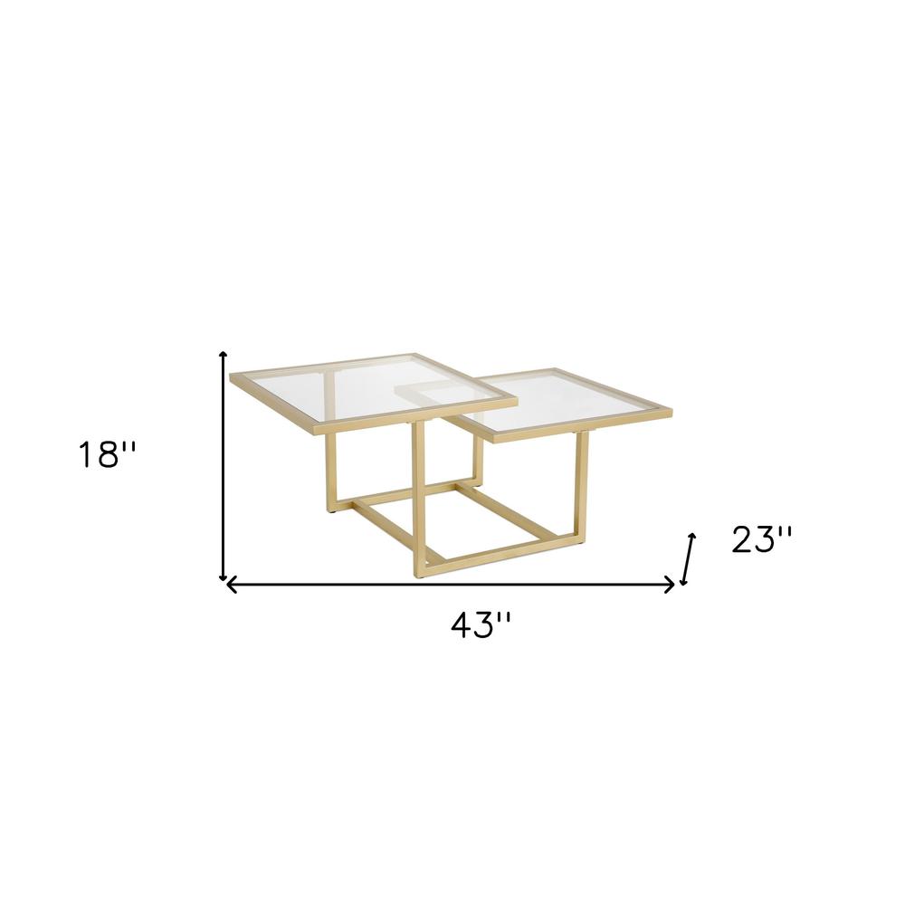 43" Gold Glass And Steel Square Coffee Table With Two Shelves. Picture 9