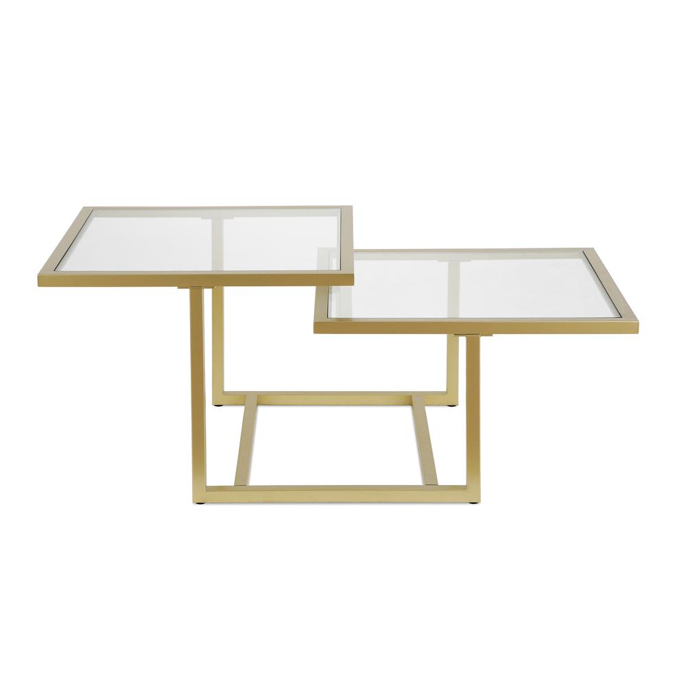 43" Gold Glass And Steel Square Coffee Table With Two Shelves. Picture 3