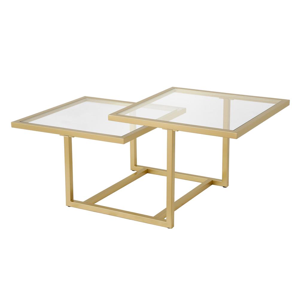 43" Gold Glass And Steel Square Coffee Table With Two Shelves. Picture 5