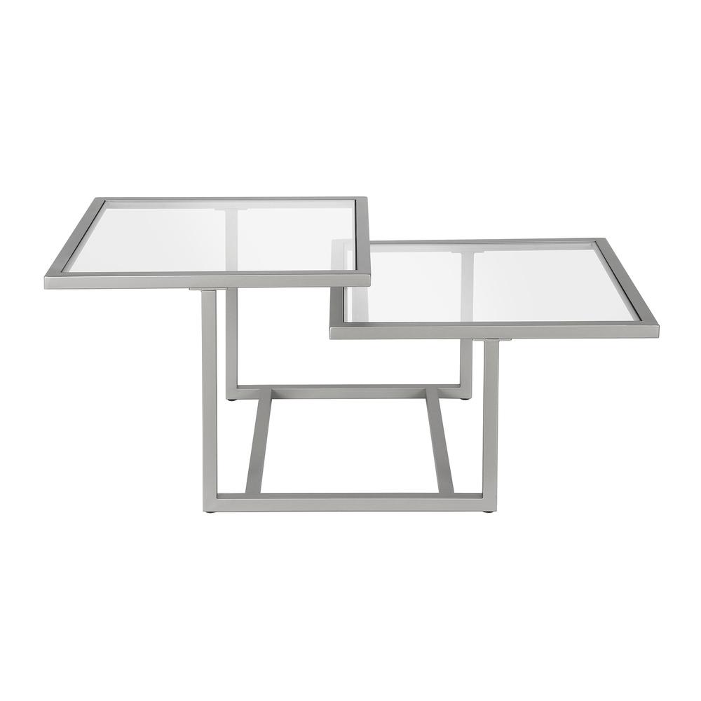 43" Silver Glass And Steel Square Coffee Table With Two Shelves. Picture 1