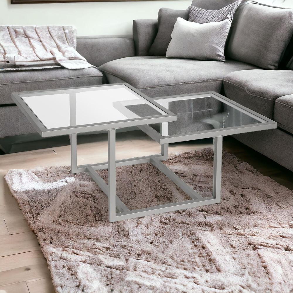 43" Silver Glass And Steel Square Coffee Table With Two Shelves. Picture 2