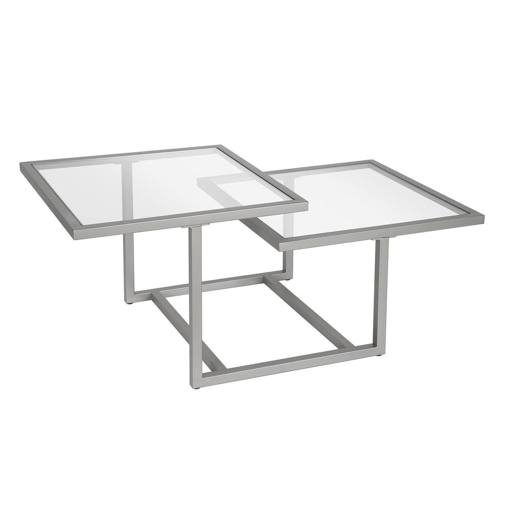 43" Silver Glass And Steel Square Coffee Table With Two Shelves. Picture 3