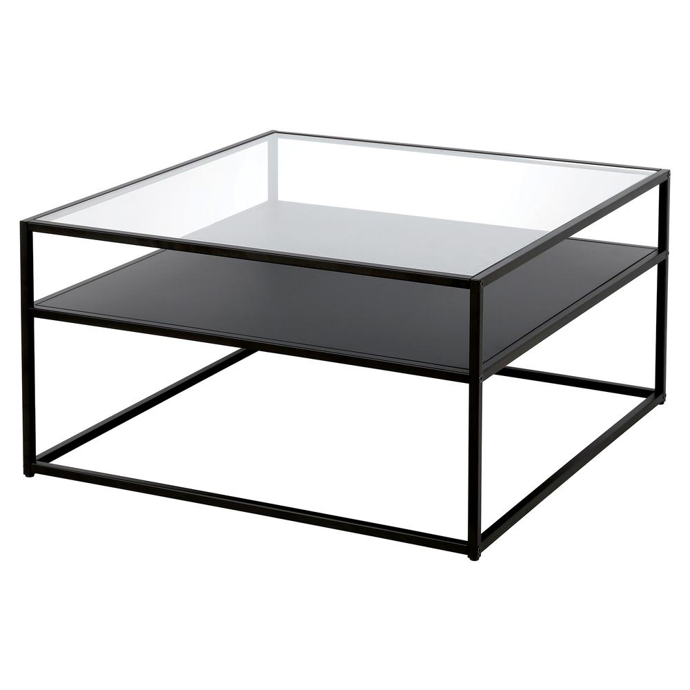 32" Black Glass And Steel Square Coffee Table With Shelf. Picture 4