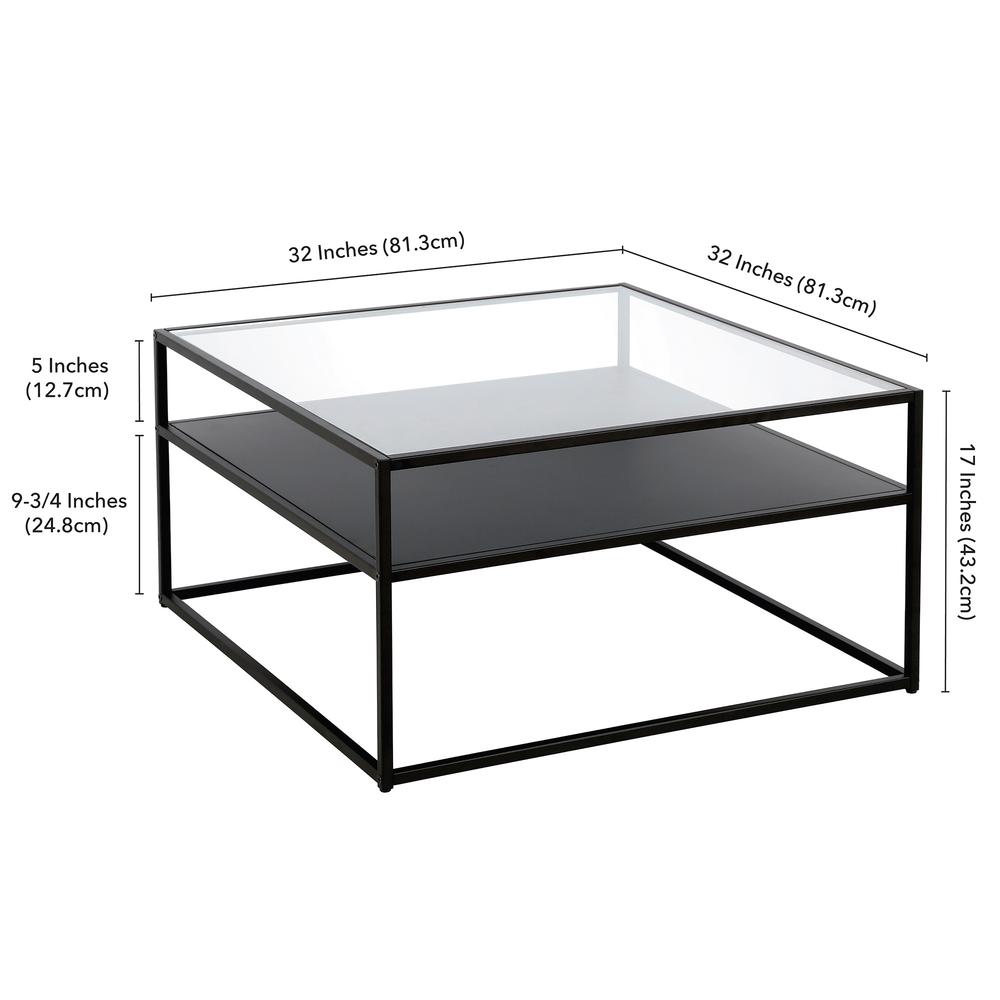 32" Black Glass And Steel Square Coffee Table With Shelf. Picture 8