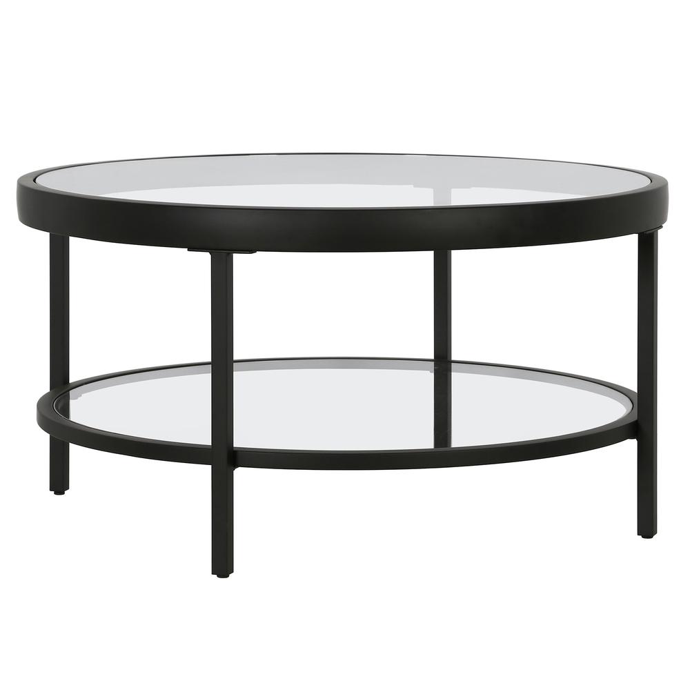 32" Black Glass And Steel Round Coffee Table With Shelf. Picture 1