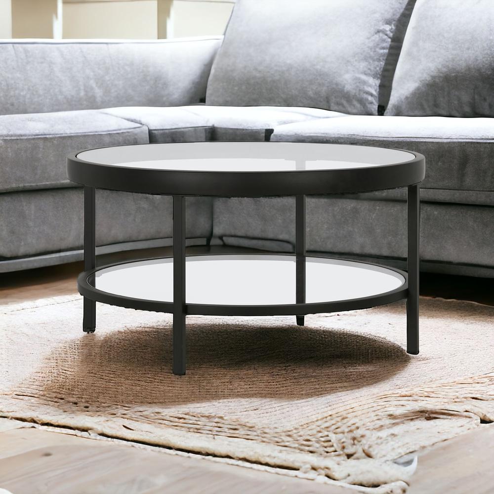 32" Black Glass And Steel Round Coffee Table With Shelf. Picture 2