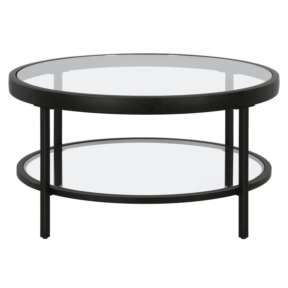 32" Black Glass And Steel Round Coffee Table With Shelf. Picture 3