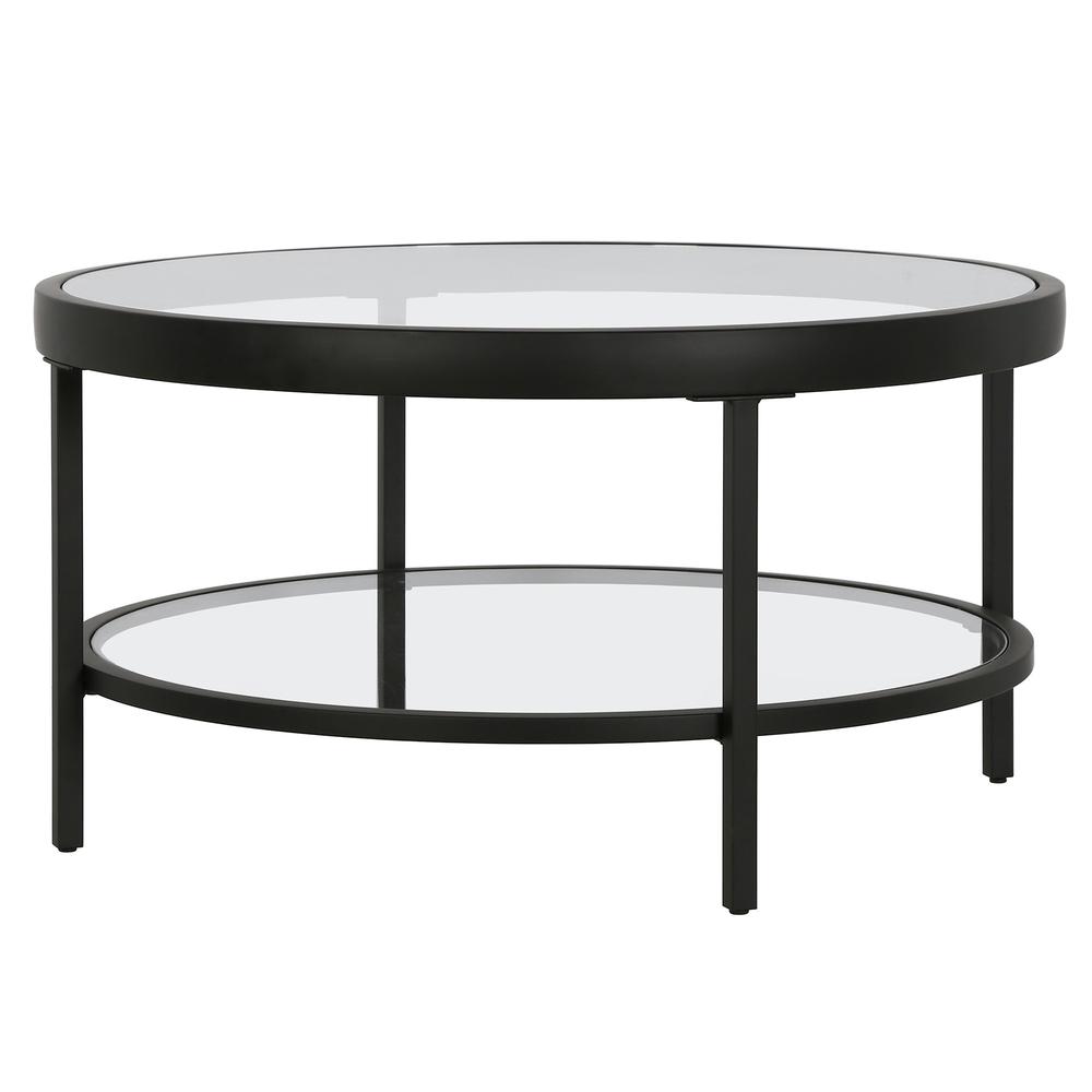 32" Black Glass And Steel Round Coffee Table With Shelf. Picture 4