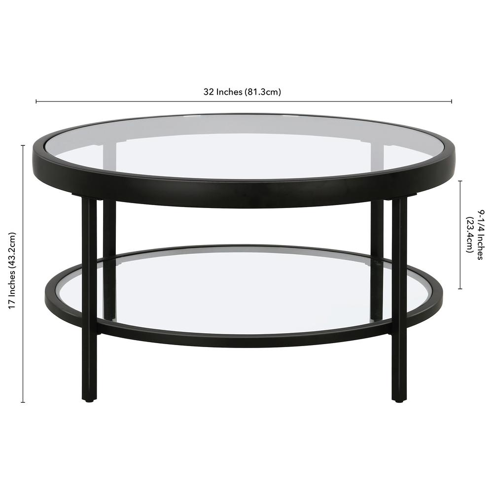 32" Black Glass And Steel Round Coffee Table With Shelf. Picture 8
