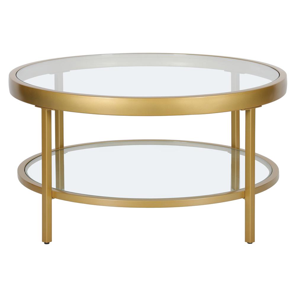 32" Gold Glass And Steel Round Coffee Table With Shelf. Picture 1