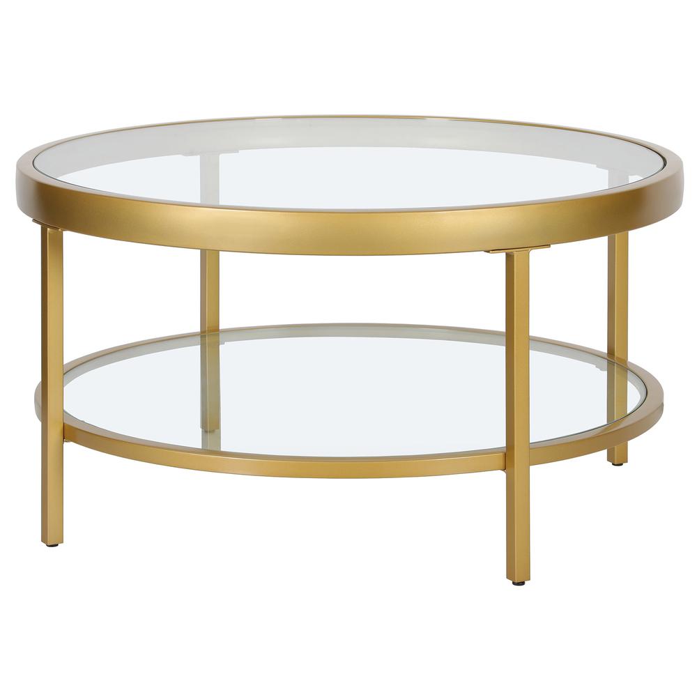 32" Gold Glass And Steel Round Coffee Table With Shelf. Picture 3