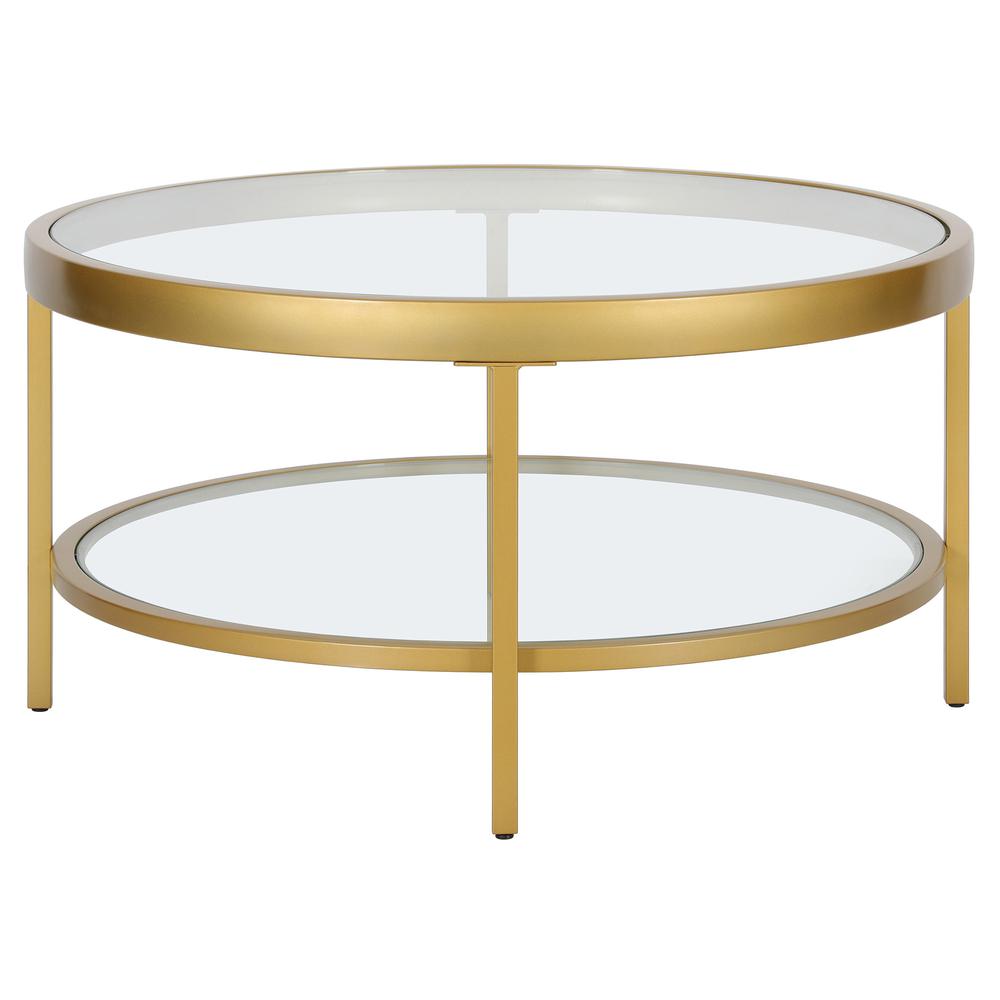 32" Gold Glass And Steel Round Coffee Table With Shelf. Picture 4