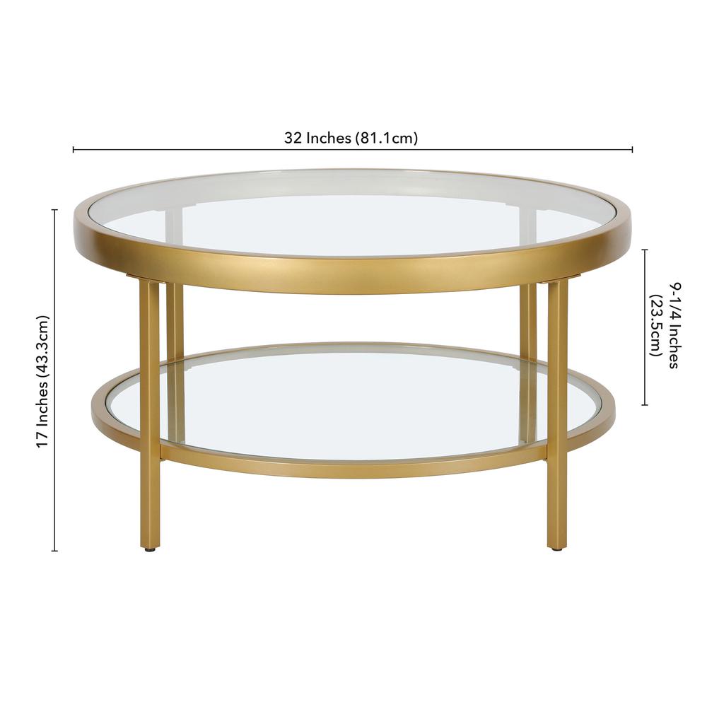 32" Gold Glass And Steel Round Coffee Table With Shelf. Picture 8