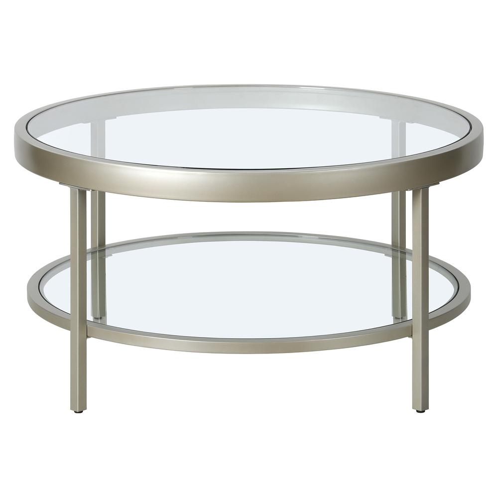 32" Silver Glass And Steel Round Coffee Table With Shelf. Picture 1