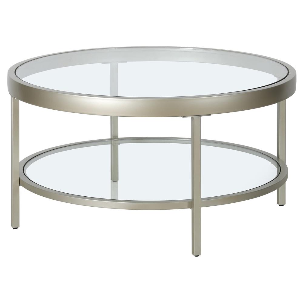 32" Silver Glass And Steel Round Coffee Table With Shelf. Picture 2