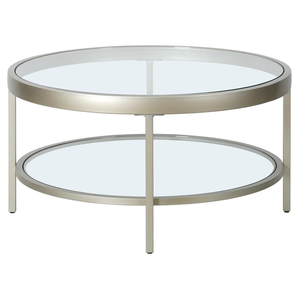32" Silver Glass And Steel Round Coffee Table With Shelf. Picture 3