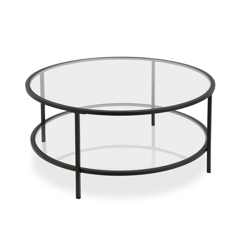 36" Black Glass And Steel Round Coffee Table With Shelf. Picture 1