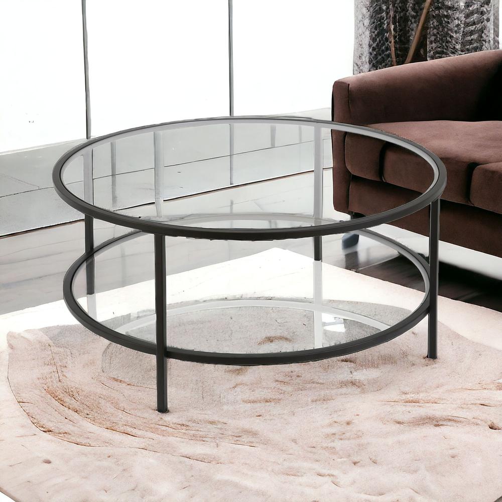 36" Black Glass And Steel Round Coffee Table With Shelf. Picture 2