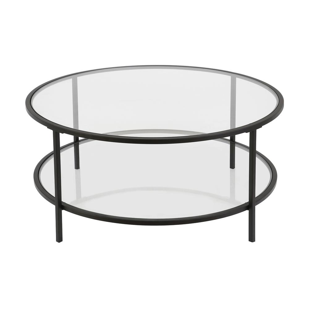 36" Black Glass And Steel Round Coffee Table With Shelf. Picture 4