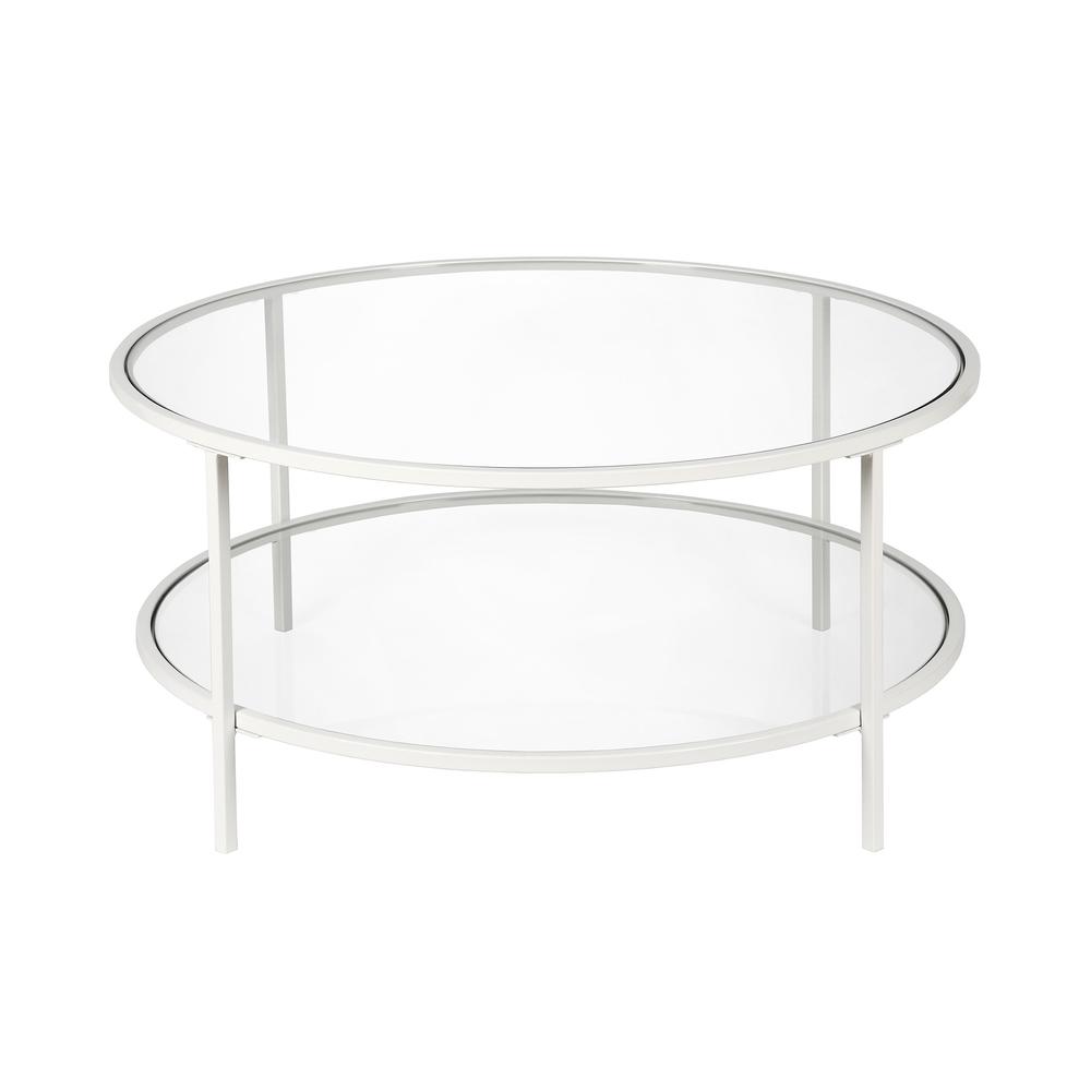 36" White Glass And Steel Round Coffee Table With Shelf. Picture 1