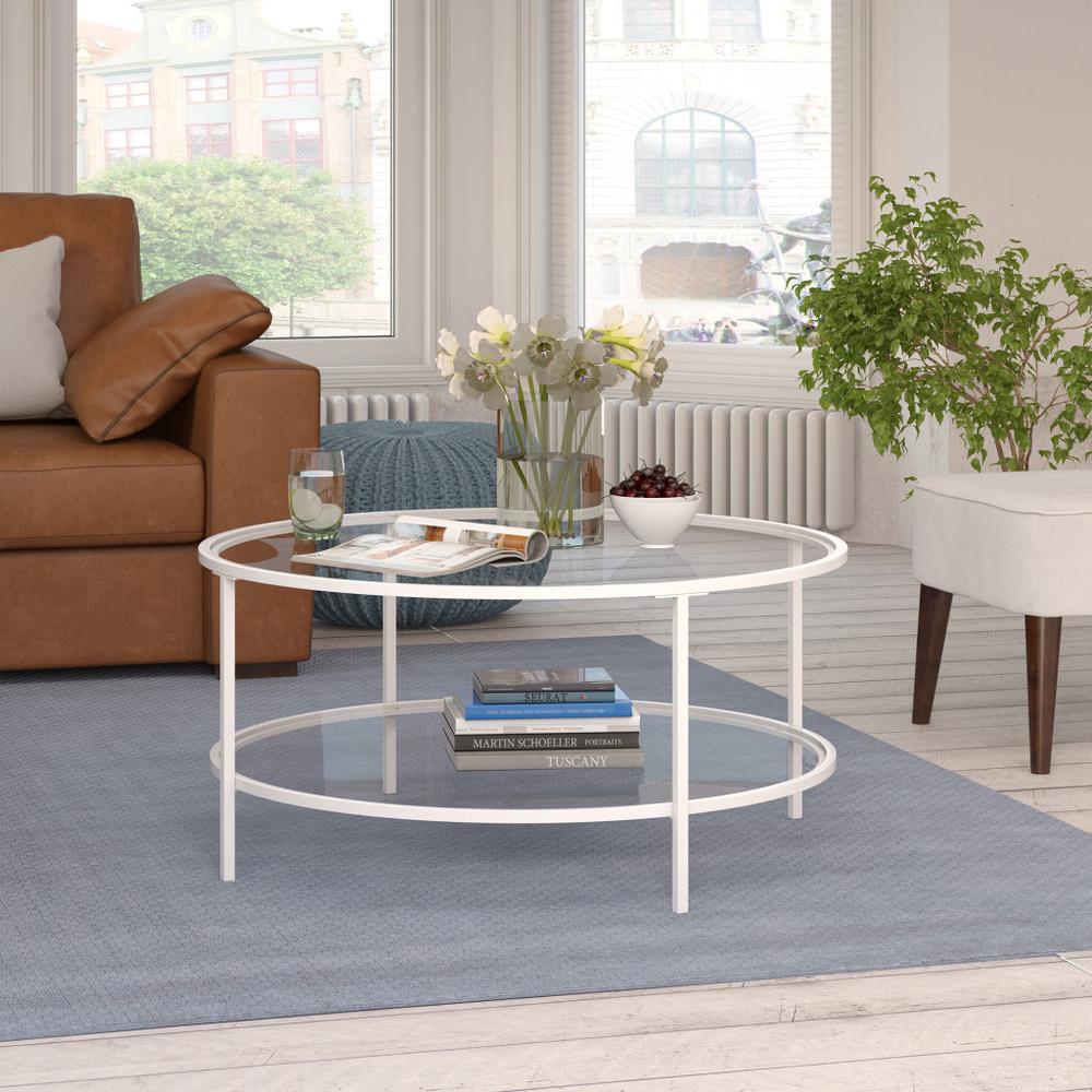 36" White Glass And Steel Round Coffee Table With Shelf. Picture 3